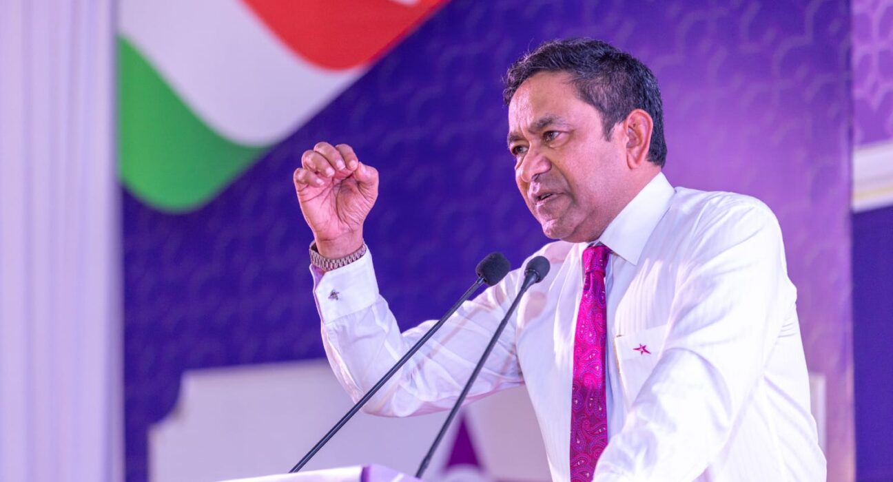 ޕީއެންއެފްގެ ގައުމީ ޖަލްސާގައި ރައީސް ޔާމީން ވާހަކަފުޅުދައްކަވަނީ -- ފޮޓޯ: ޕީއެންއެފް