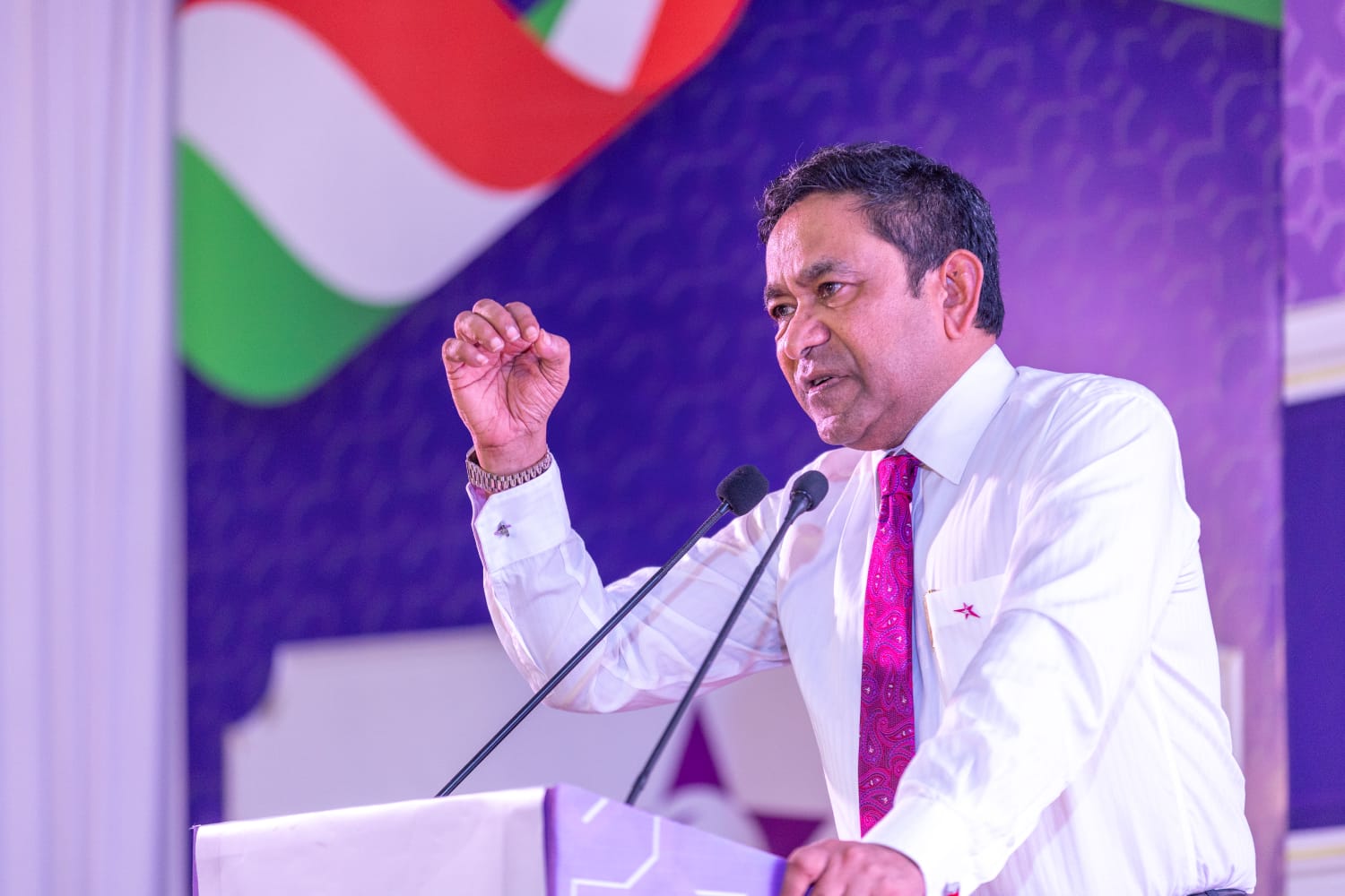 ޕީއެންއެފްގެ ގައުމީ ޖަލްސާގައި ރައީސް ޔާމީން ވާހަކަފުޅުދައްކަވަނީ -- ފޮޓޯ: ޕީއެންއެފް